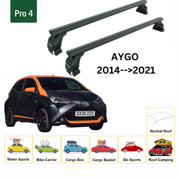 Für Toyota Aygo 2014–21 Dachträger, Querträger, Metallhalterung, normales Dach, Alu, Schwarz