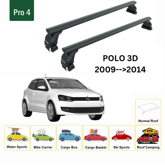 Für Volkswagen Polo 3D 2018-Up Dachträger Querstange Metallhalterung Normales Dach Alu Schwarz