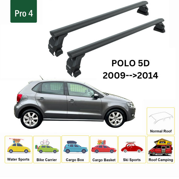 Für Volkswagen Polo 5D 2009–14 Dachträger, Querträger, Metallhalterung, normales Dach, Alu, Schwarz