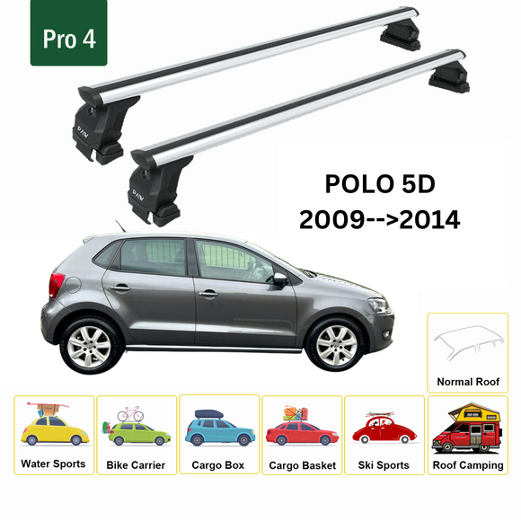 Für Volkswagen Polo 5D 2009-14 Dachträger Querträger Metallhalterung Normales Dach Alu Silber