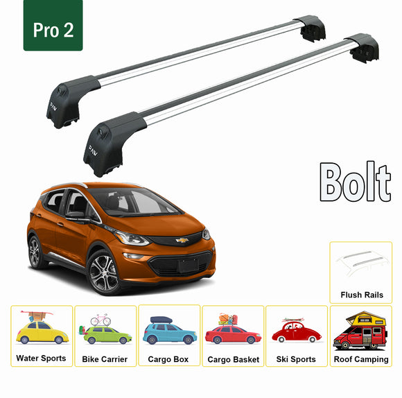 Für Chevrolet Bolt / Bolt EV 2017-Up Dachträgersystem, Aluminium-Querstange, Metallhalterung, bündige Schiene, Silber