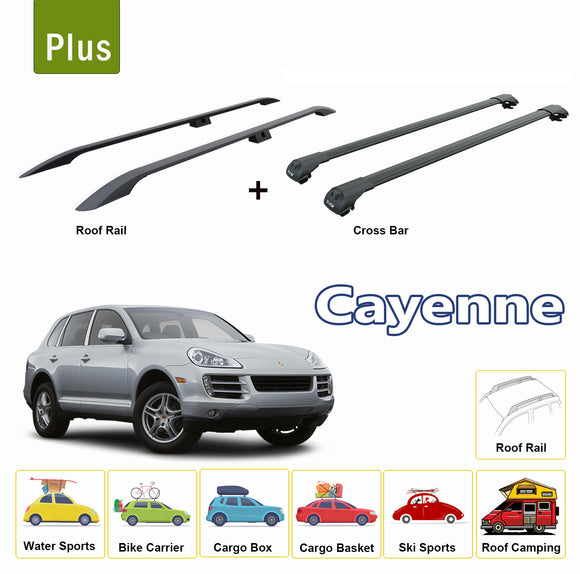 For Porsche Cayenne (9PA) 2002-2010 Roof Side Rails Rack & Cross Bars Black Full Set