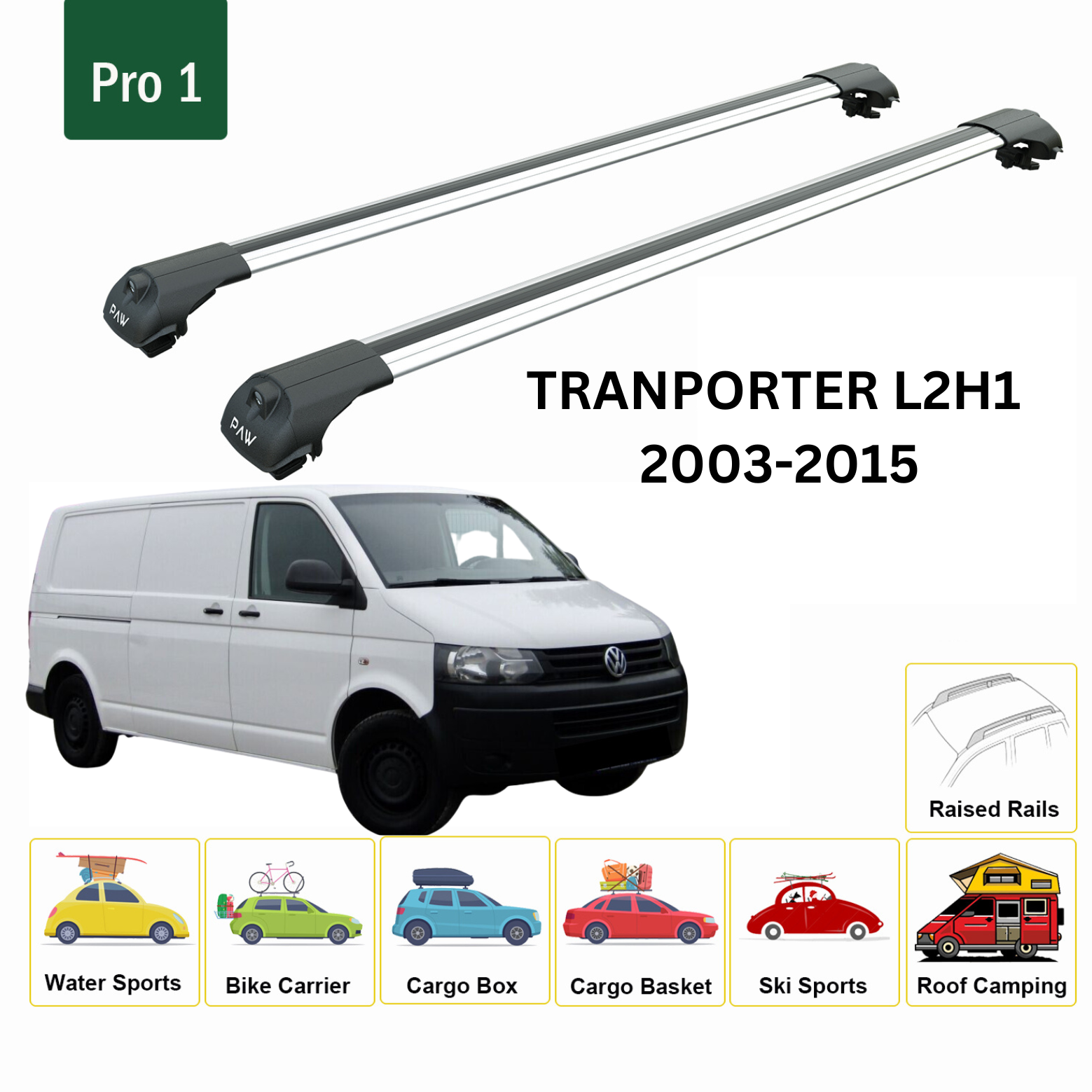 For Volkswagen Transporter (T5) Van LWB 2003-15 Roof Rails and Roof Rack Cross Bar Alu Silver