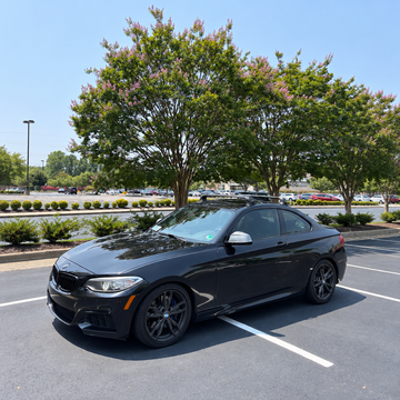 BMW 2 Series Coupe F22 2013-2021 black roof rack cross bars fitted to factory fixed mounting points