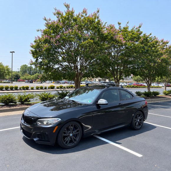BMW 2 Series Coupe F22 2013-2021 black roof rack cross bars fitted to factory fixed mounting points