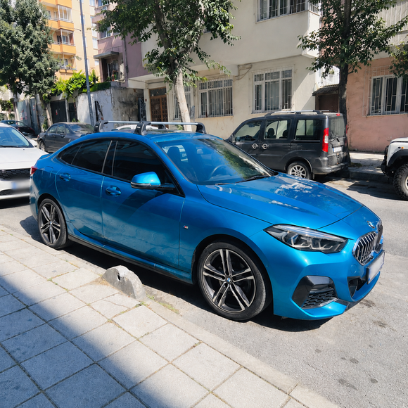 BMW 2 Series Gran Coupe F44 2020-2024 black roof rack cross bars fitted to factory fixed mounting points