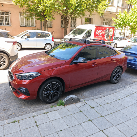 Vehicle fitment example of black fix point roof rack cross bars on BMW 2 Series Gran Coupe F44 2020-2024
