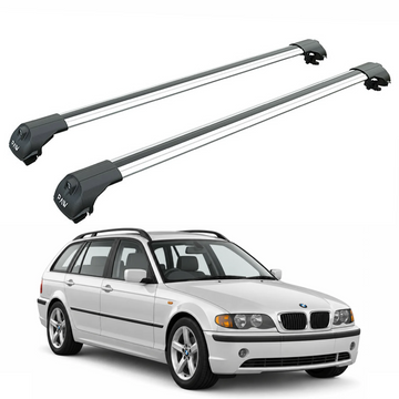 For BMW 3 Series Touring (E46) 1999-2005 Roof Rack Cross Bars Raised Rail, Silver