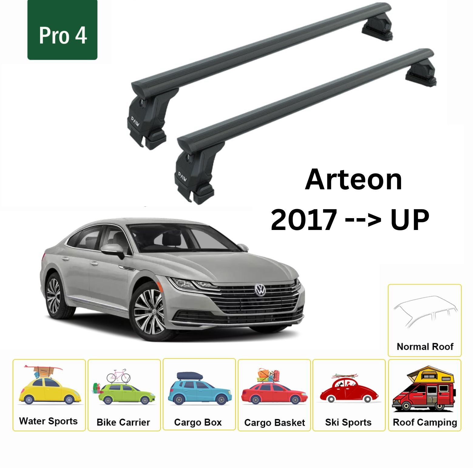 For Volkswagen Arteon 2017-Up Roof Rack Cross Bar Normal Roof Alu Black - 0