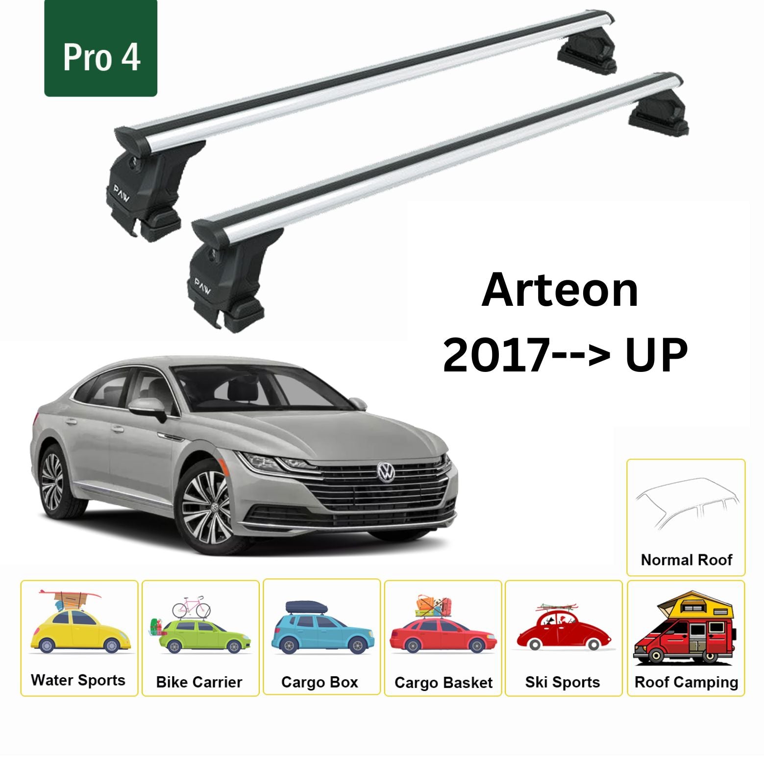 For Volkswagen Arteon 2017-Up Roof Rack Cross Bar Metal Bracket Normal Roof Alu Silver-2