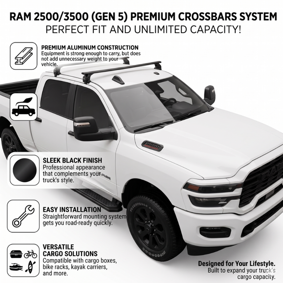 For Ram 2500 / 3500 Gen5 4dr Roof Rack Cross Bars Normal Roof Black