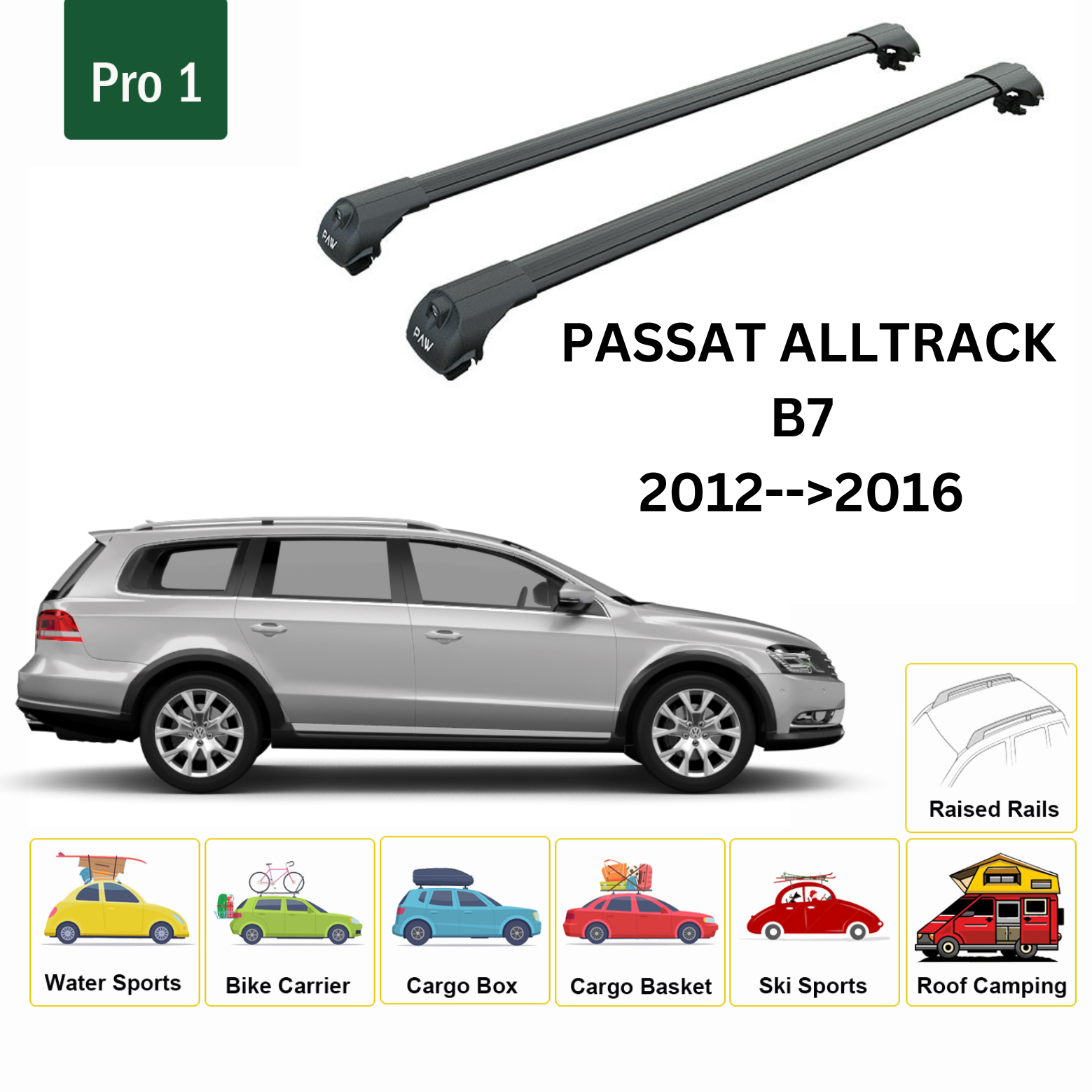 For Volkswagen Passat Alltrack B7 2012-16 Roof Rack Cross Bar Raised Rail Alu Black - 0