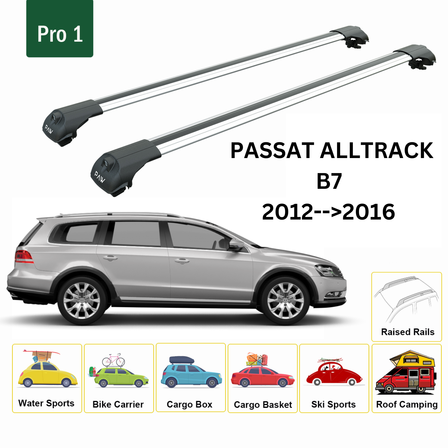 For Volkswagen Passat Alltrack B7 2012-16 Roof Rack Cross Bar Metal Bracket Raised Rail Alu Silver-2