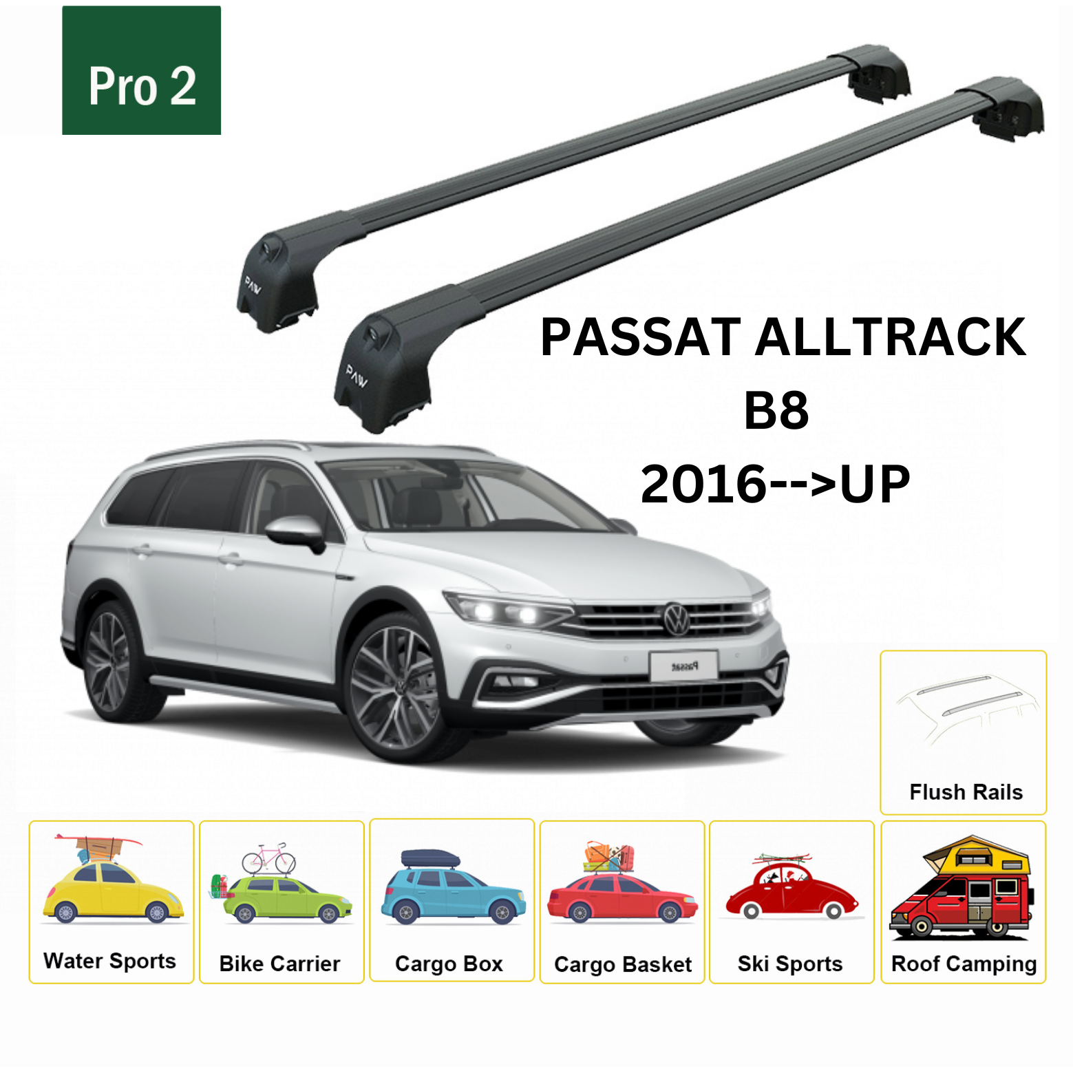 For Volkswagen Passat Alltrack B8 2016-Up Roof Rack Cross Bar Metal Bracket Flush Rail Alu Black-2