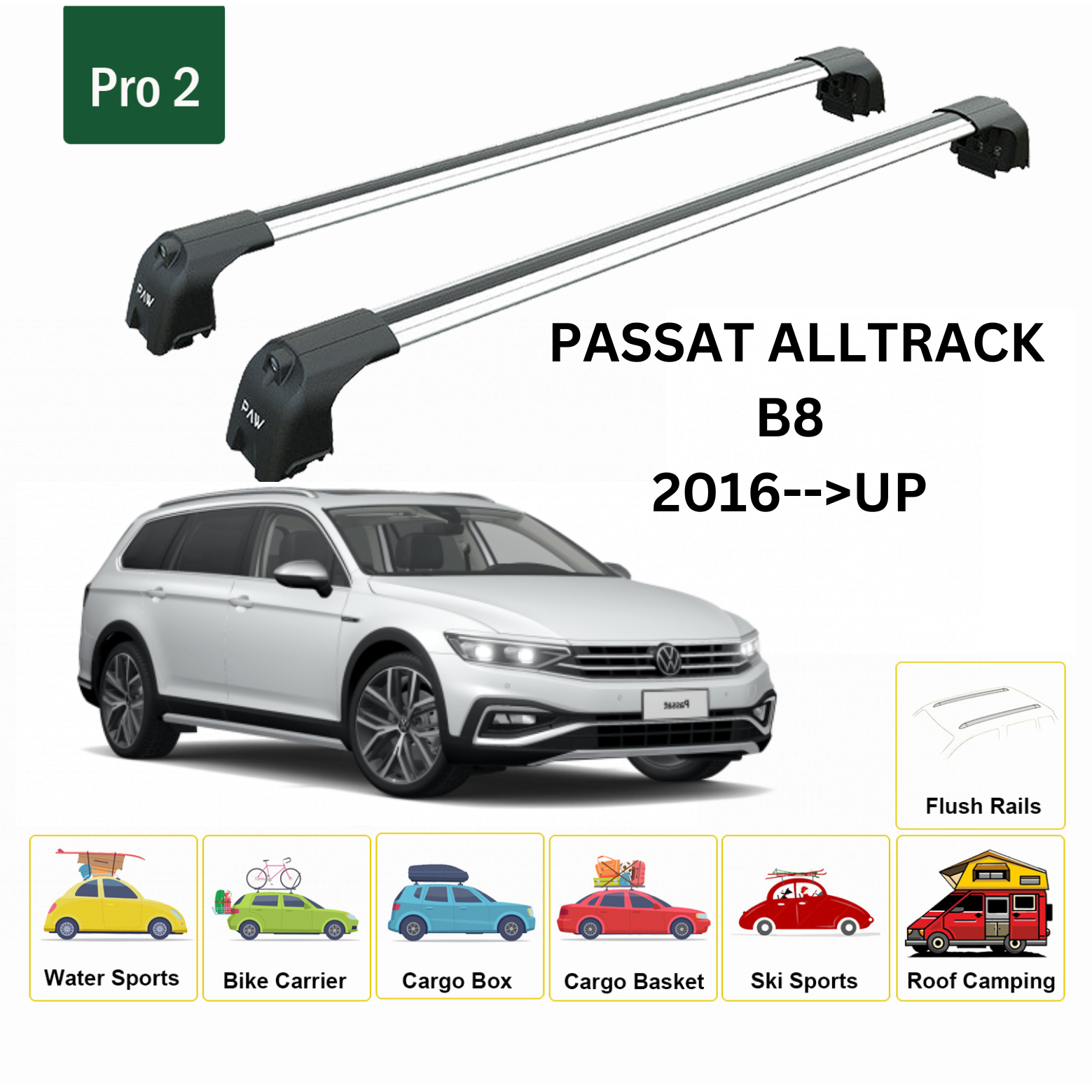 For Volkswagen Passat Alltrack B8 2016-Up Roof Rack Cross Bar Flush Rail  Alu Silver