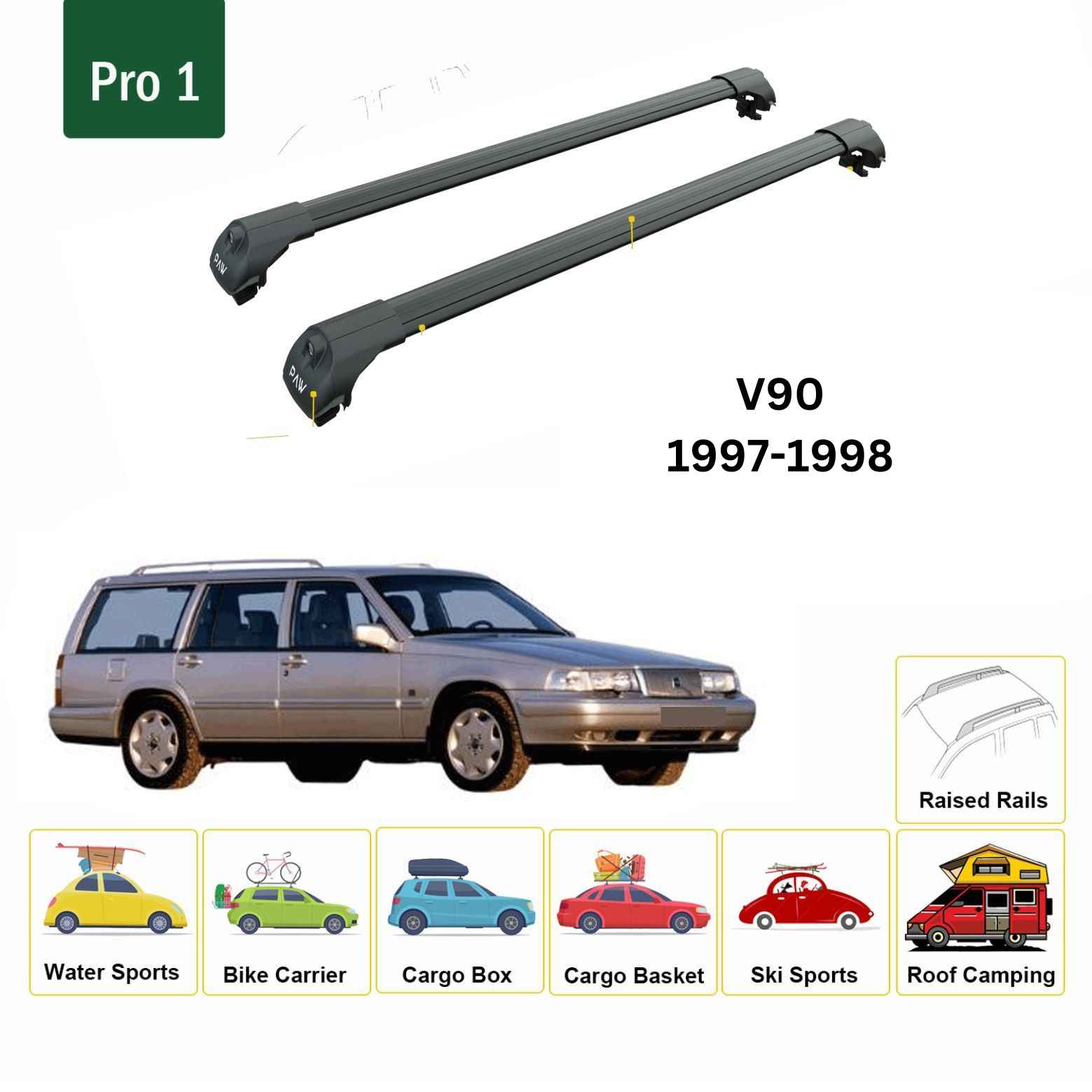 For Volvo V90 1997-98 Roof Rack Cross Bar Raised Rail Alu Black