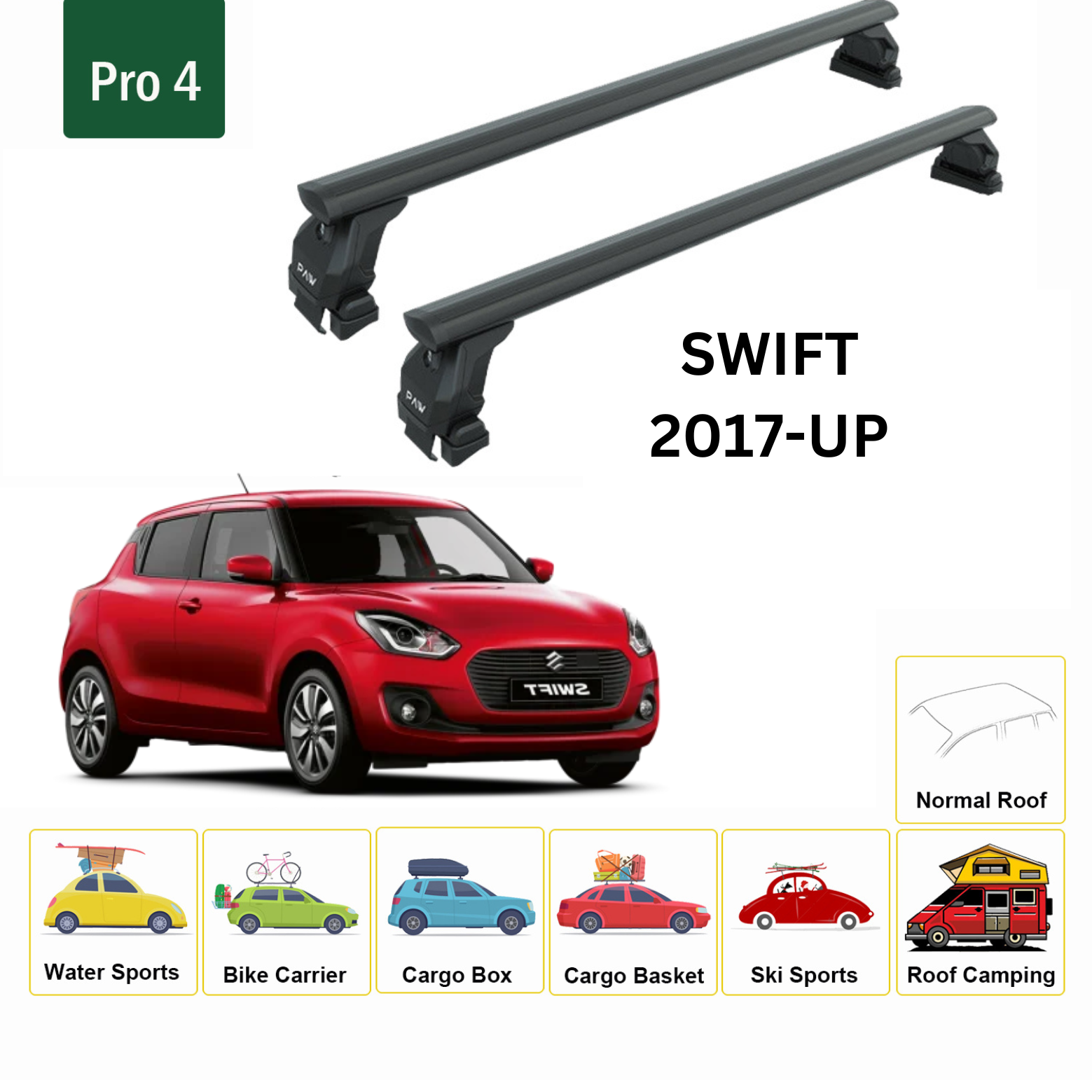 For Suzuki Swift 2017-Up Roof Rack Cross Bars Metal Bracket Normal Roof Alu Black