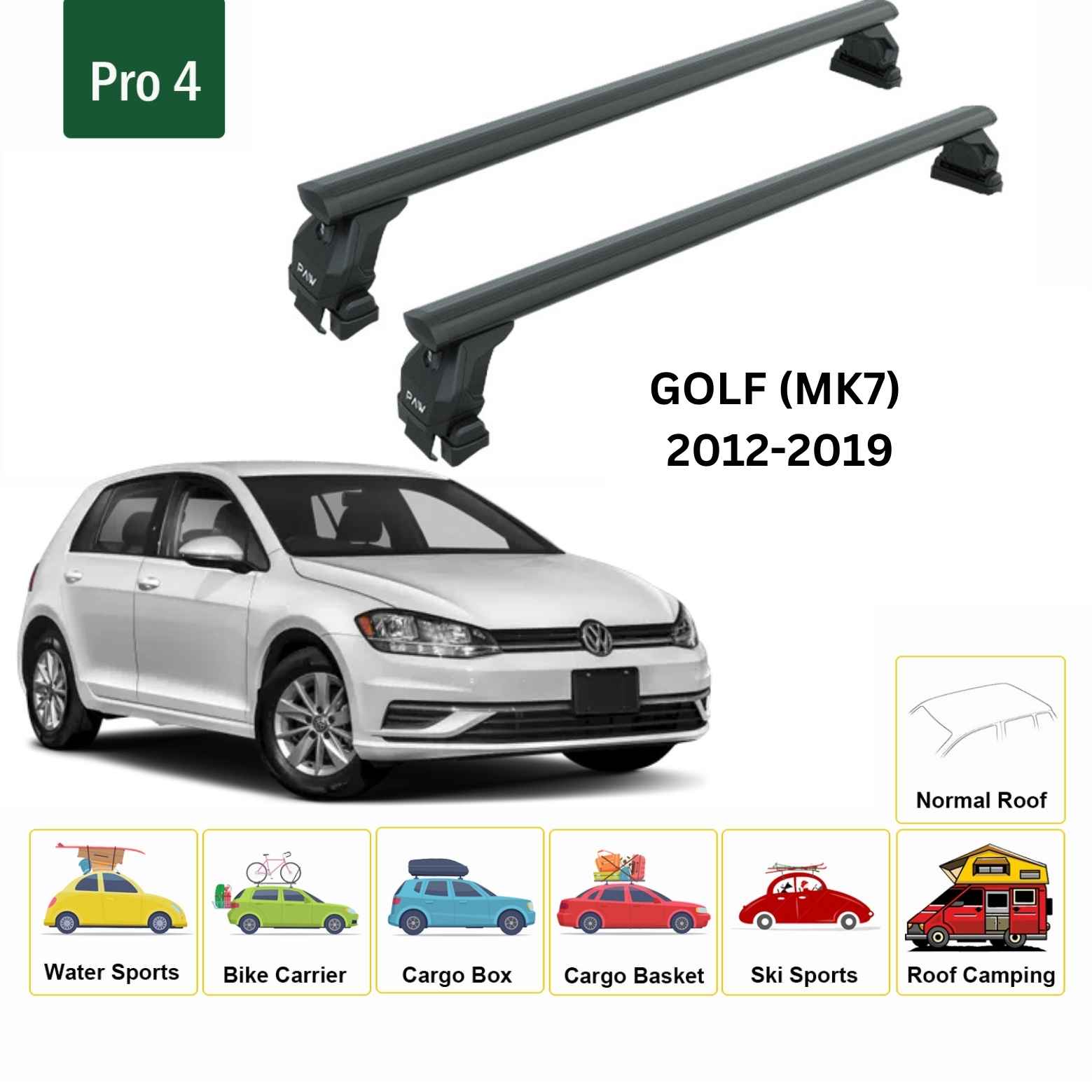 For Volkswagen Golf 5D (MK7) 2012-19 Roof Rack Cross Bar Normal Roof Alu Black - 0