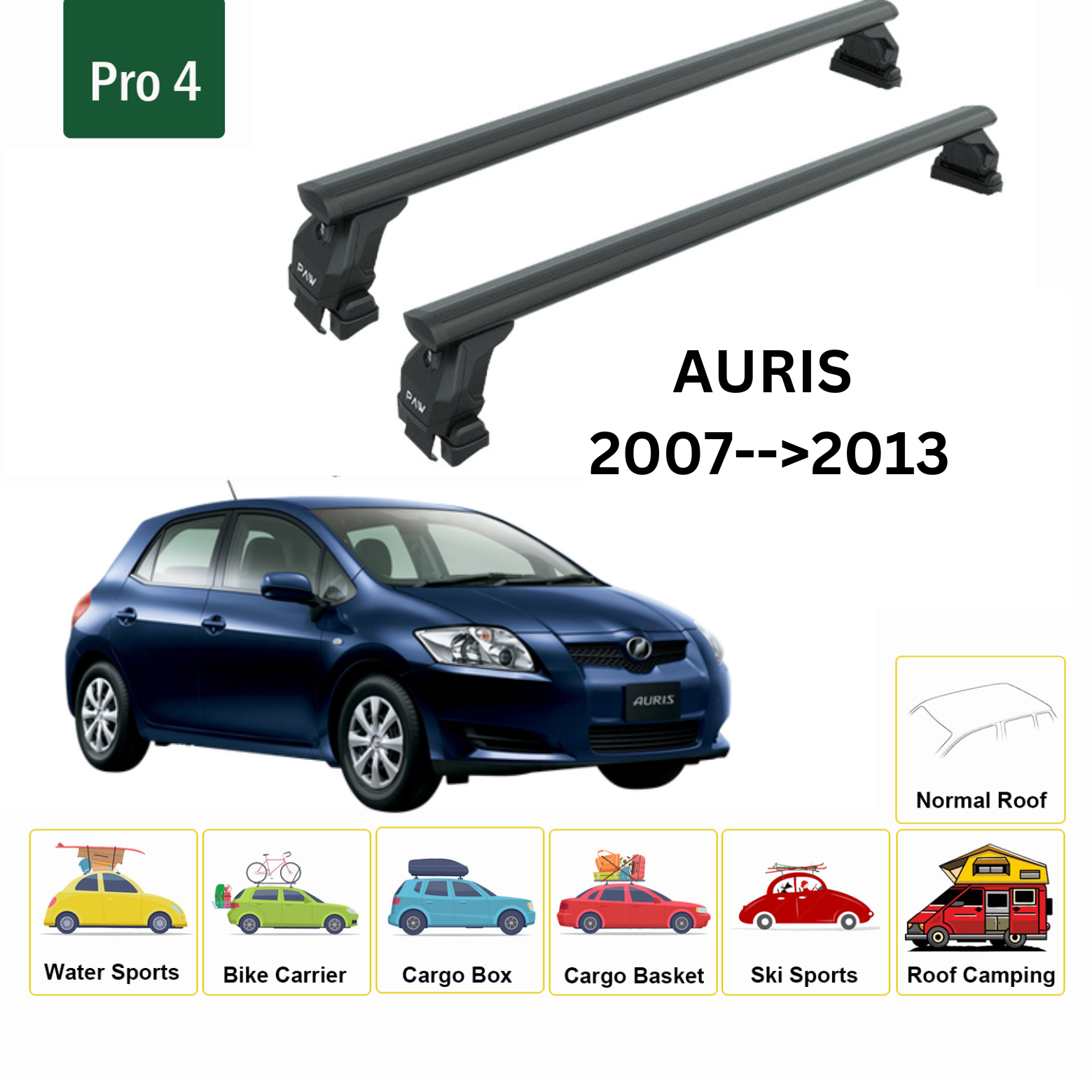 Für Toyota Auris 2007–13 Dachträger, Querträger, Metallhalterung, normales Dach, Alu, Schwarz
