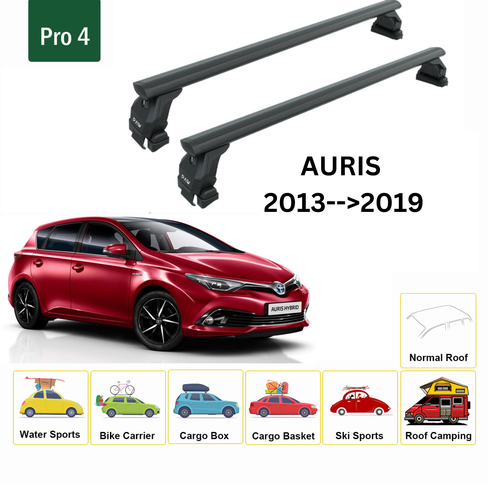 Für Toyota Auris (mit Glasdach) 2013–19, Dachträger, Querträger, Metallhalterung, normales Dach, Alu, Schwarz - 0