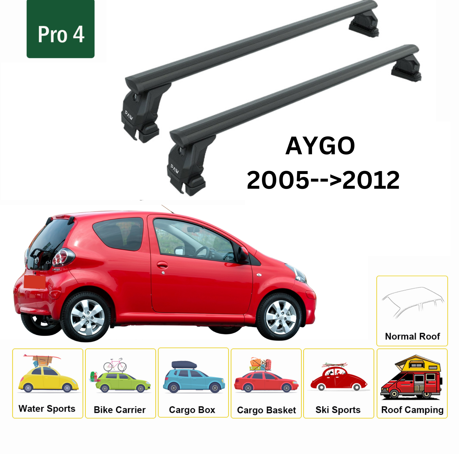 For Toyota Aygo 2005-12 Roof Rack Cross Bars Normal Roof Alu Black - 0