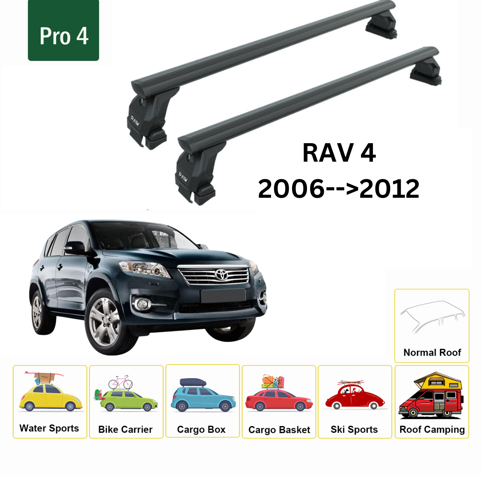 For Toyota Rav 4 2006-12 Roof Rack Cross Bars Metal Bracket Normal Roof Alu Black