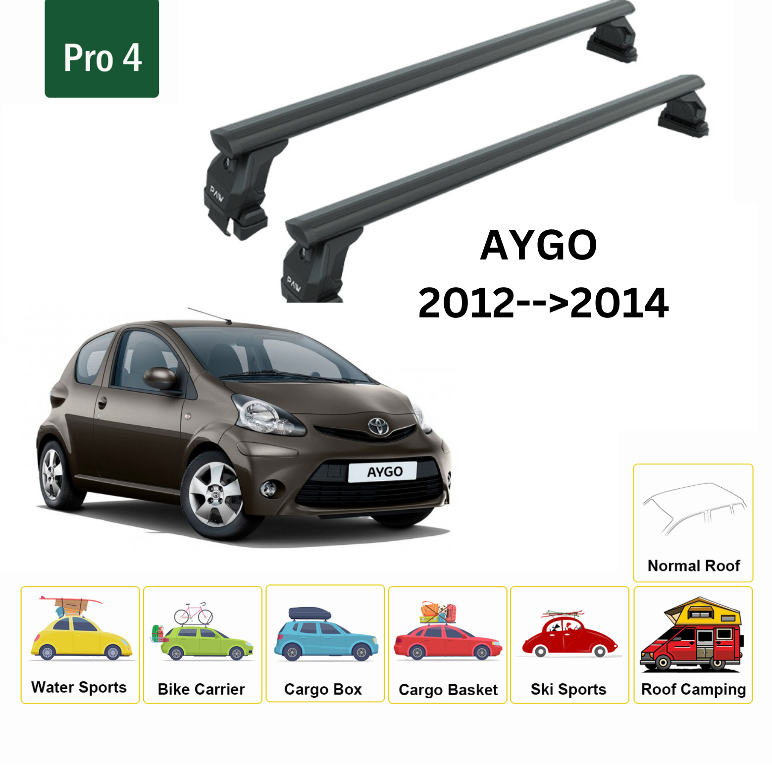 For Toyota Aygo 2012-14 Roof Rack Cross Bars Normal Roof Alu Black