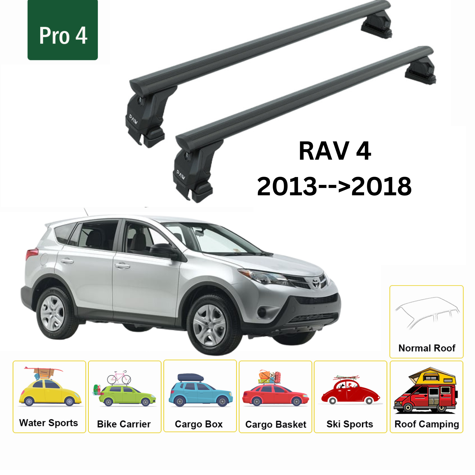 For Toyota Rav 4 2013-18 Roof Rack Cross Bars Metal Bracket Normal Roof Alu Black