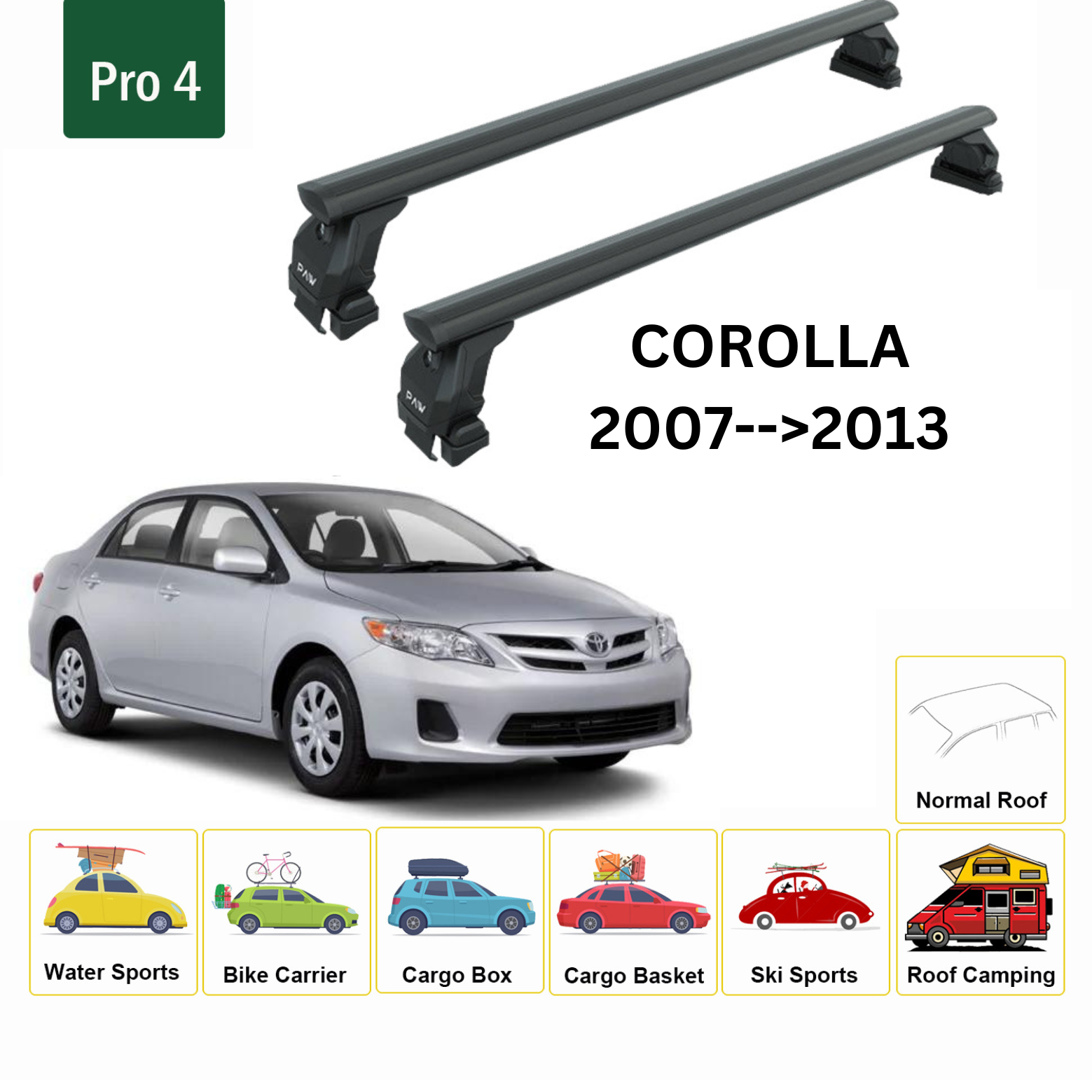 Für Toyota Corolla 2007–13 Dachträger, Querträger, Metallhalterung, normales Dach, Alu, Schwarz - 0