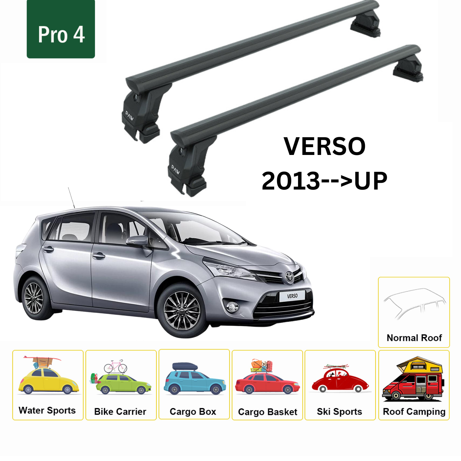 For Toyota Verso 2013-Up Roof Rack Cross Bars Normal Roof Alu Black - 0