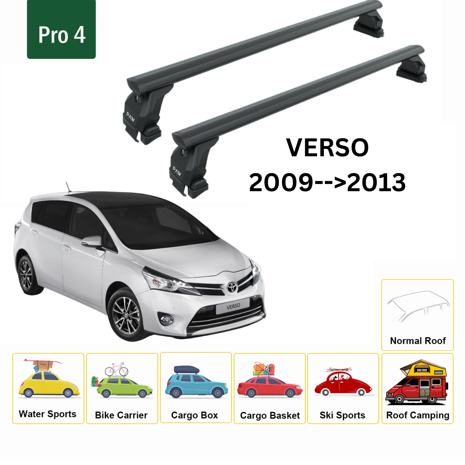 Für Toyota Verso 2009–13 Dachträger, Querträger, Metallhalterung, normales Dach, Alu, Schwarz - 0