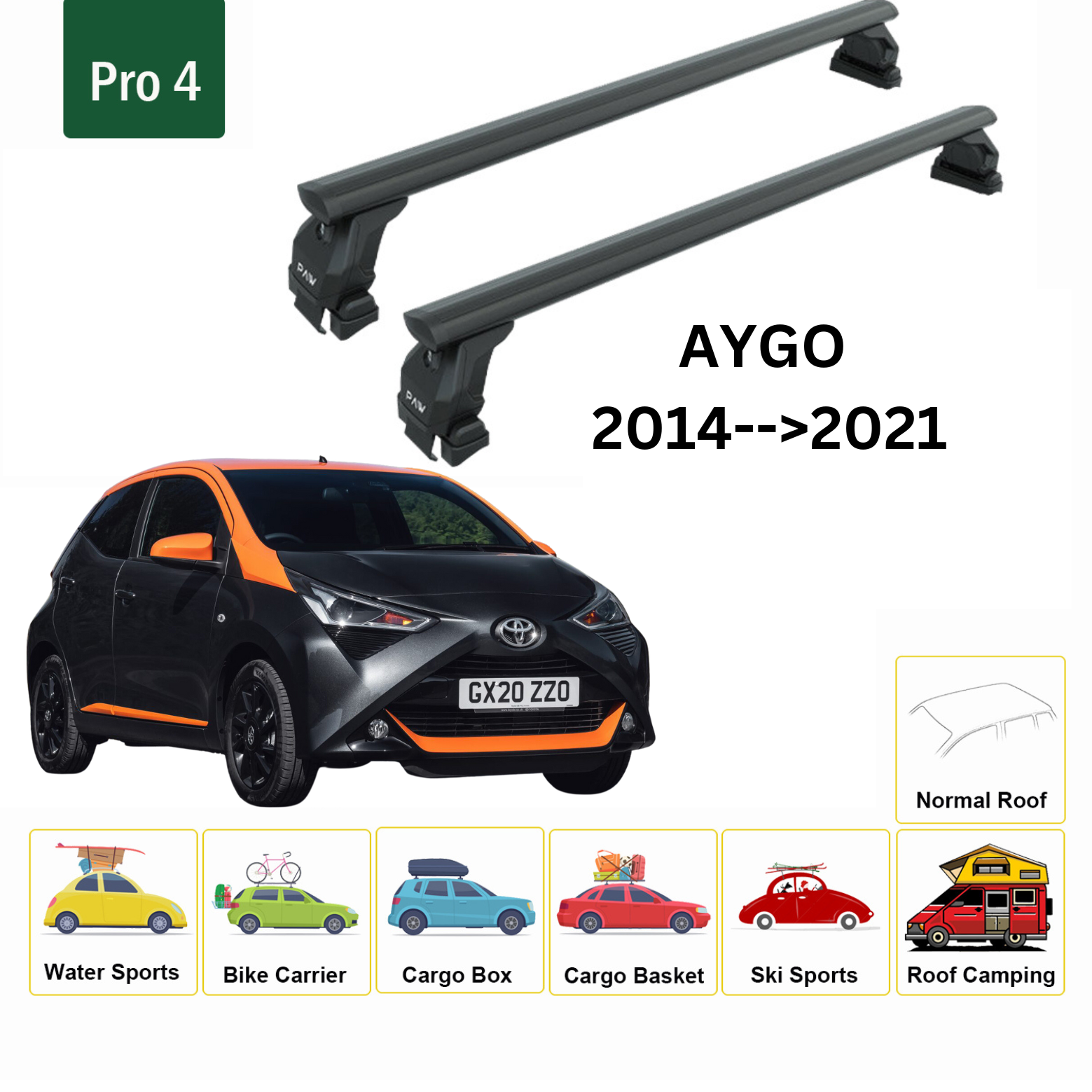 For Toyota Aygo 2014-21 Roof Rack Cross Bars Normal Roof Alu Black - 0
