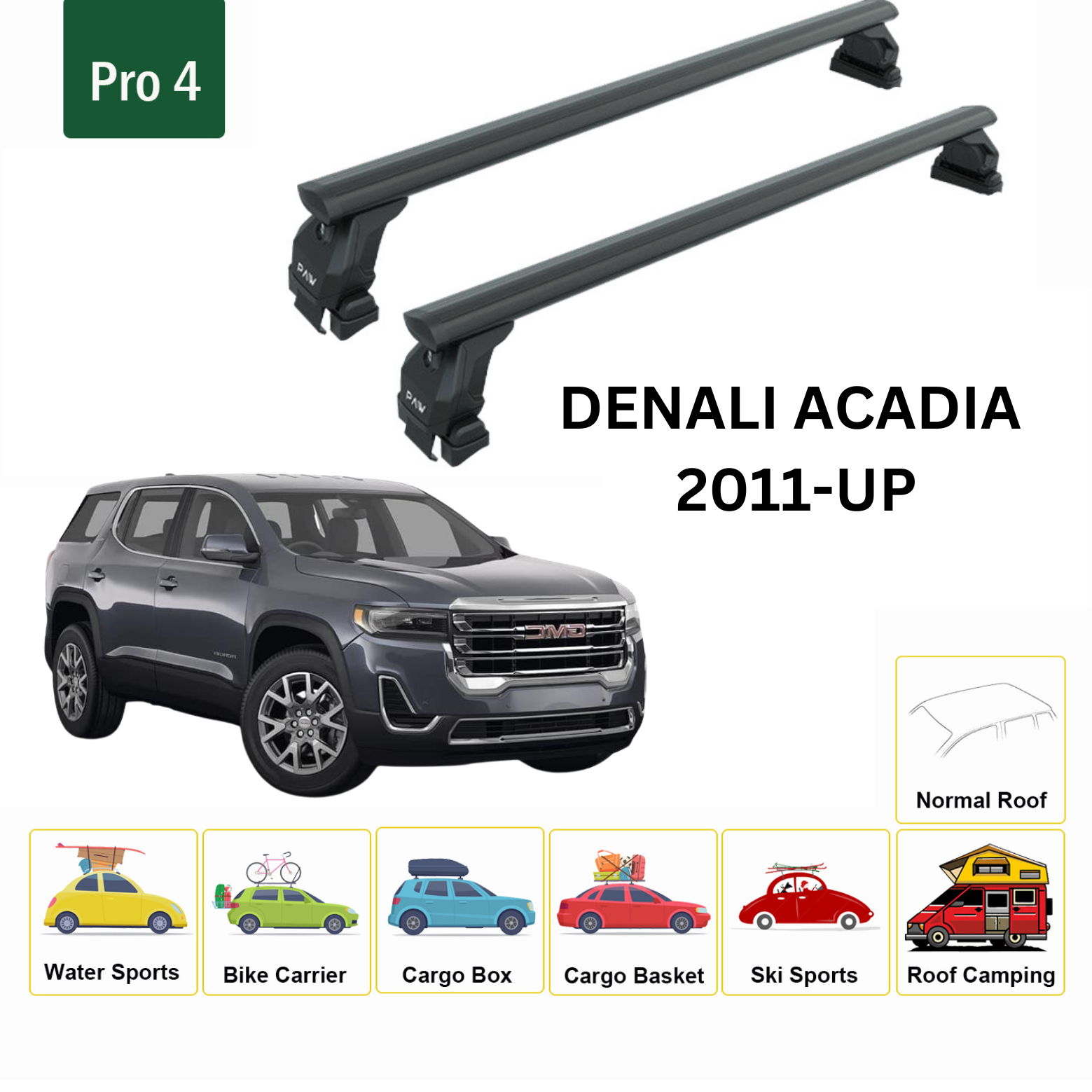 For GMC Denali Acadia 2011-Up Roof Rack Cross Bars Metal Bracket Normal Roof Alu Black - 0