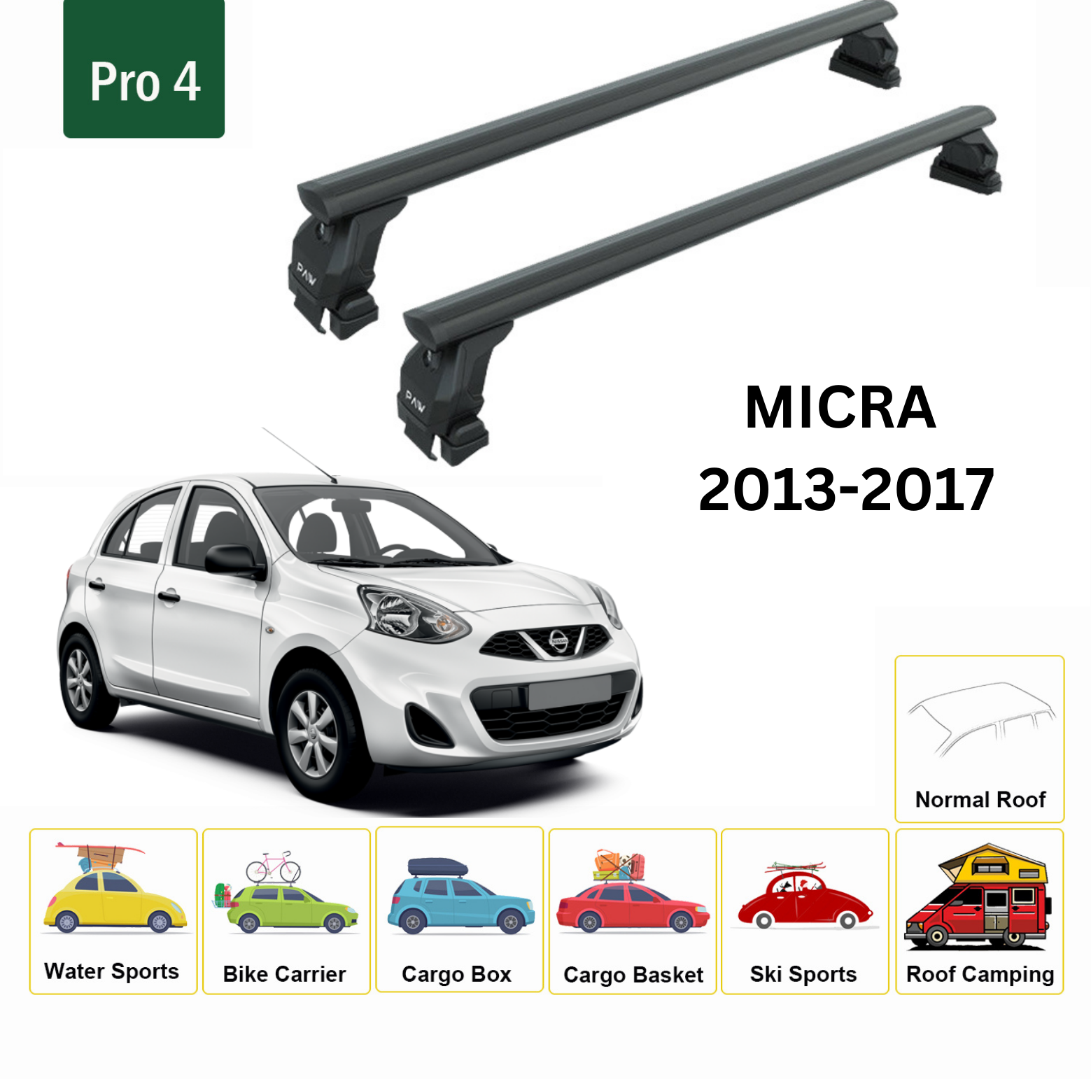 For Nissan Micra K13 2013-17 Roof Rack Cross Bars Metal Bracket Normal Roof Alu Silver