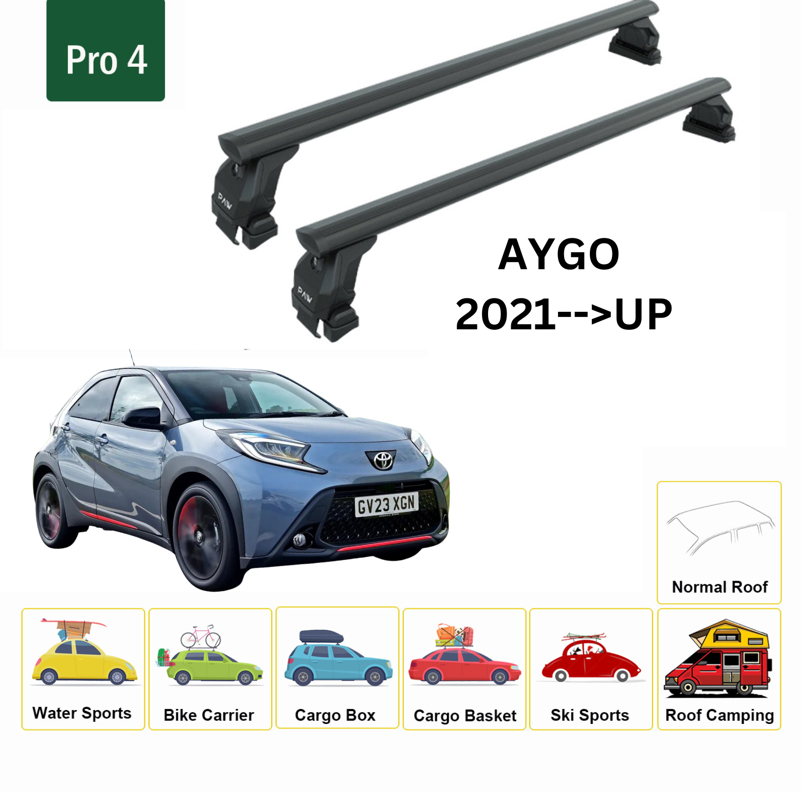 For Toyota Aygo 2021-Up Roof Rack Cross Bars Normal Roof Alu Black
