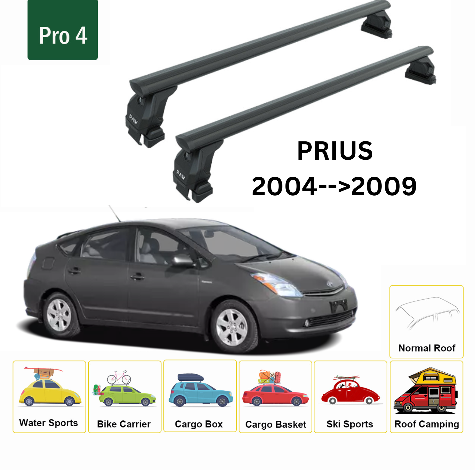 Für Toyota Prius 2004–09, Dachträger, Querträger, Metallhalterung, normales Dach, Alu, Schwarz - 0