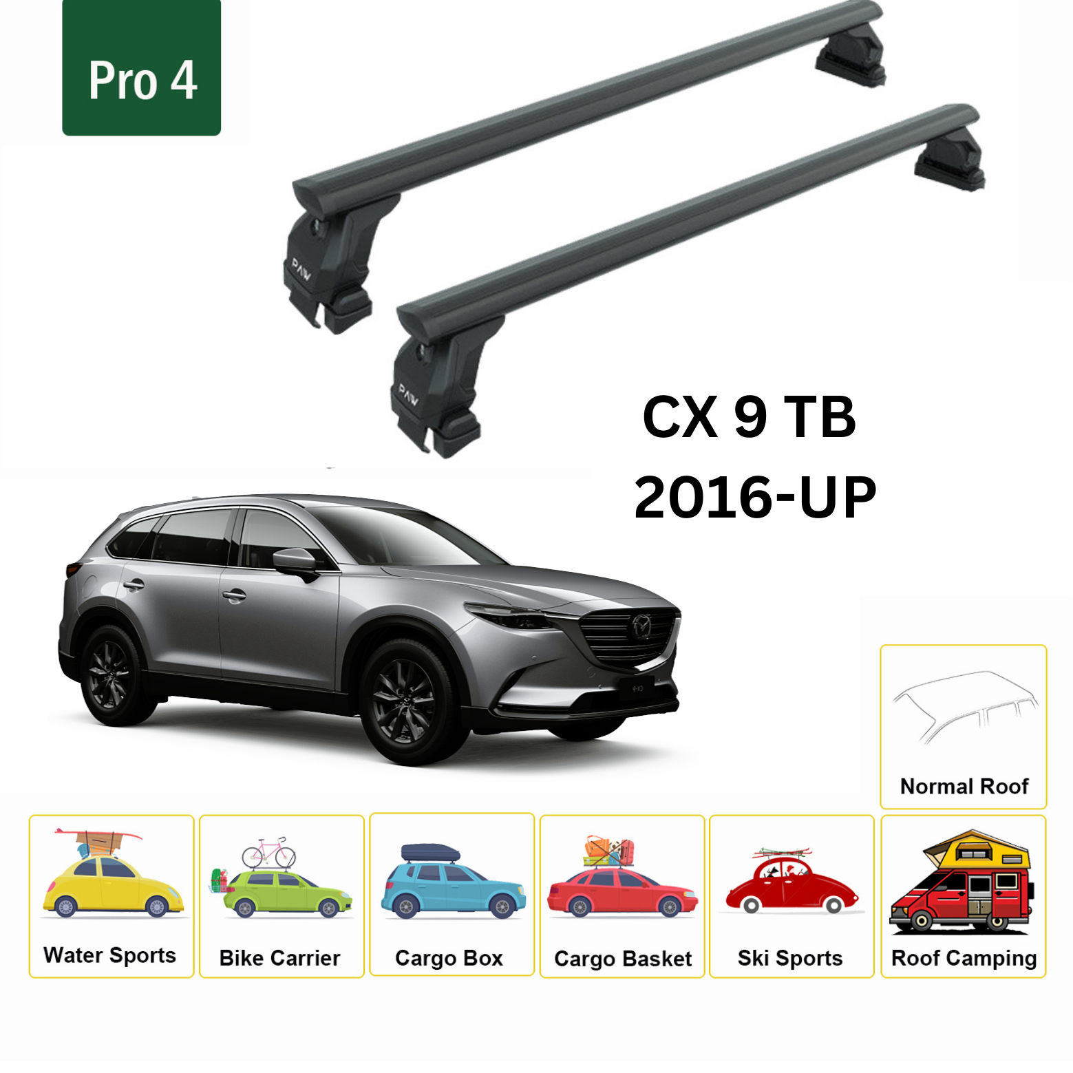 For Mazda CX-9 TC 2016-Up Roof Rack Cross Bars Normal Roof Alu Black