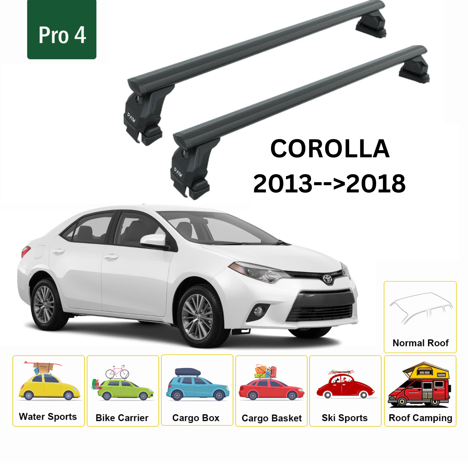 Für Toyota Corolla 2013–18 Dachträger, Querträger, Metallhalterung, normales Dach, Alu, Schwarz