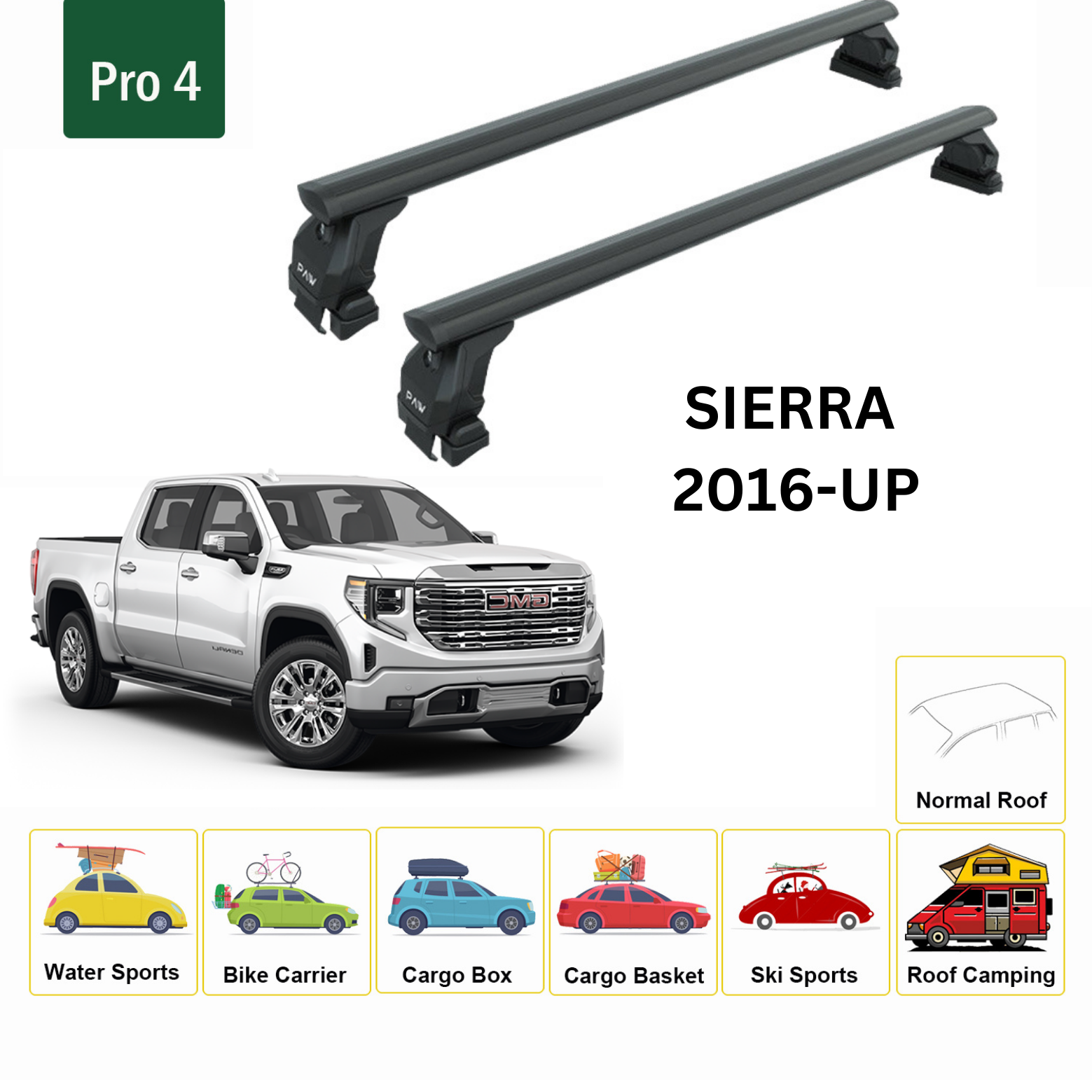 For GMC Sierra 1500 2016-Up Roof Rack Cross Bars Metal Bracket Normal Roof Alu Black - 0