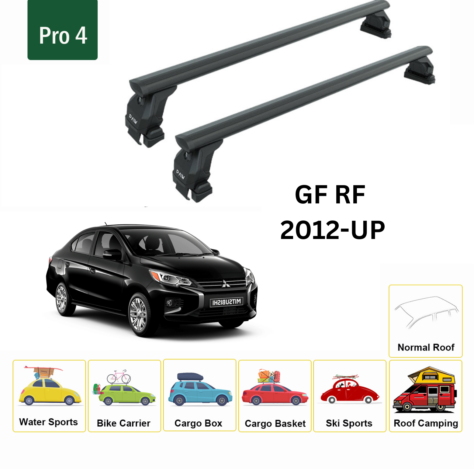 For Mitsubishi Mirage G4 RF ES 2012-Up Roof Rack Cross Bars Normal Roof Alu Black - 0