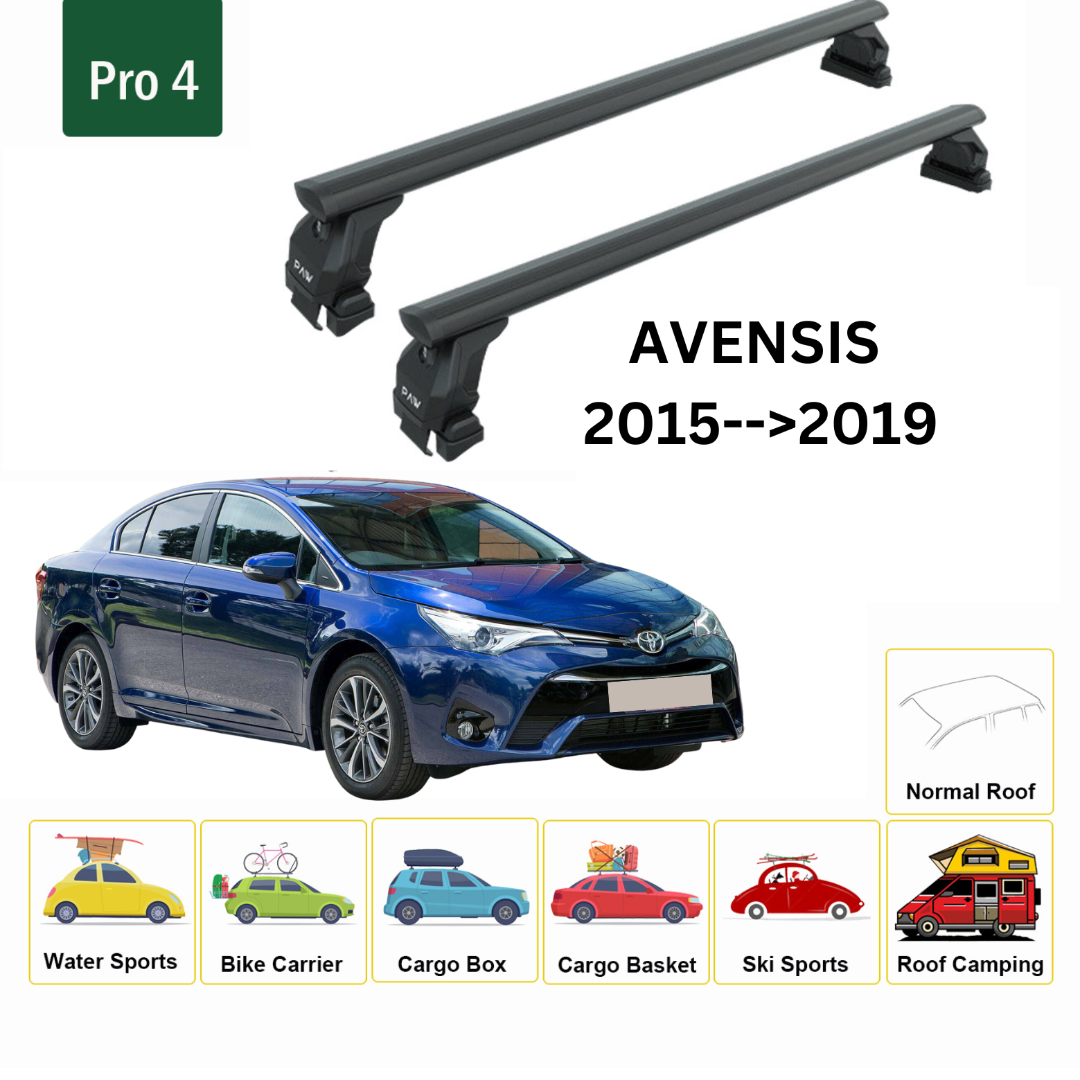 Für Toyota Avensis 2015–19 Dachträger, Querträger, Metallhalterung, normales Dach, Alu, Schwarz