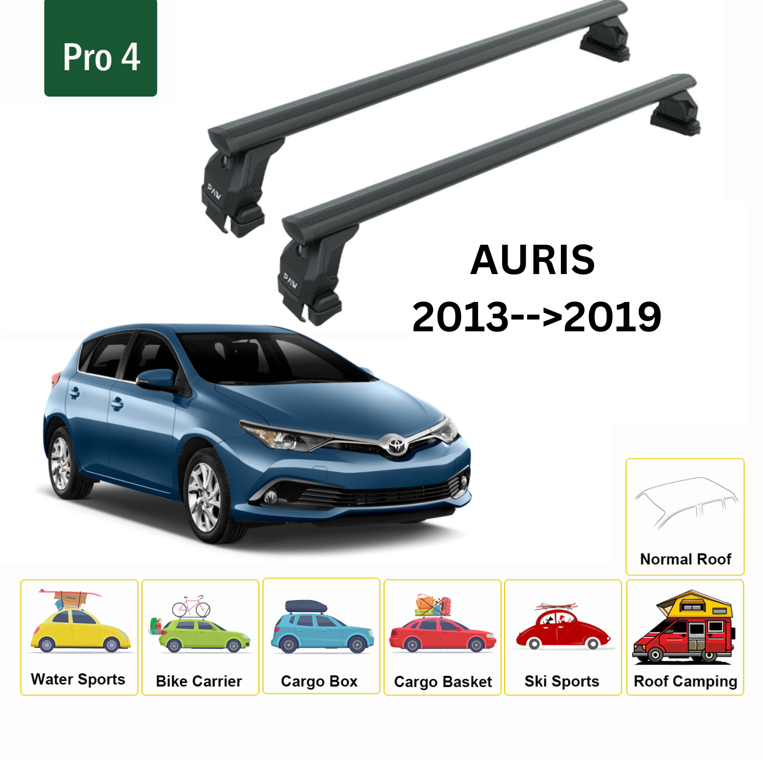 Für Toyota Auris 2013–19 Dachträger, Querträger, Metallhalterung, normales Dach, Alu, Schwarz - 0