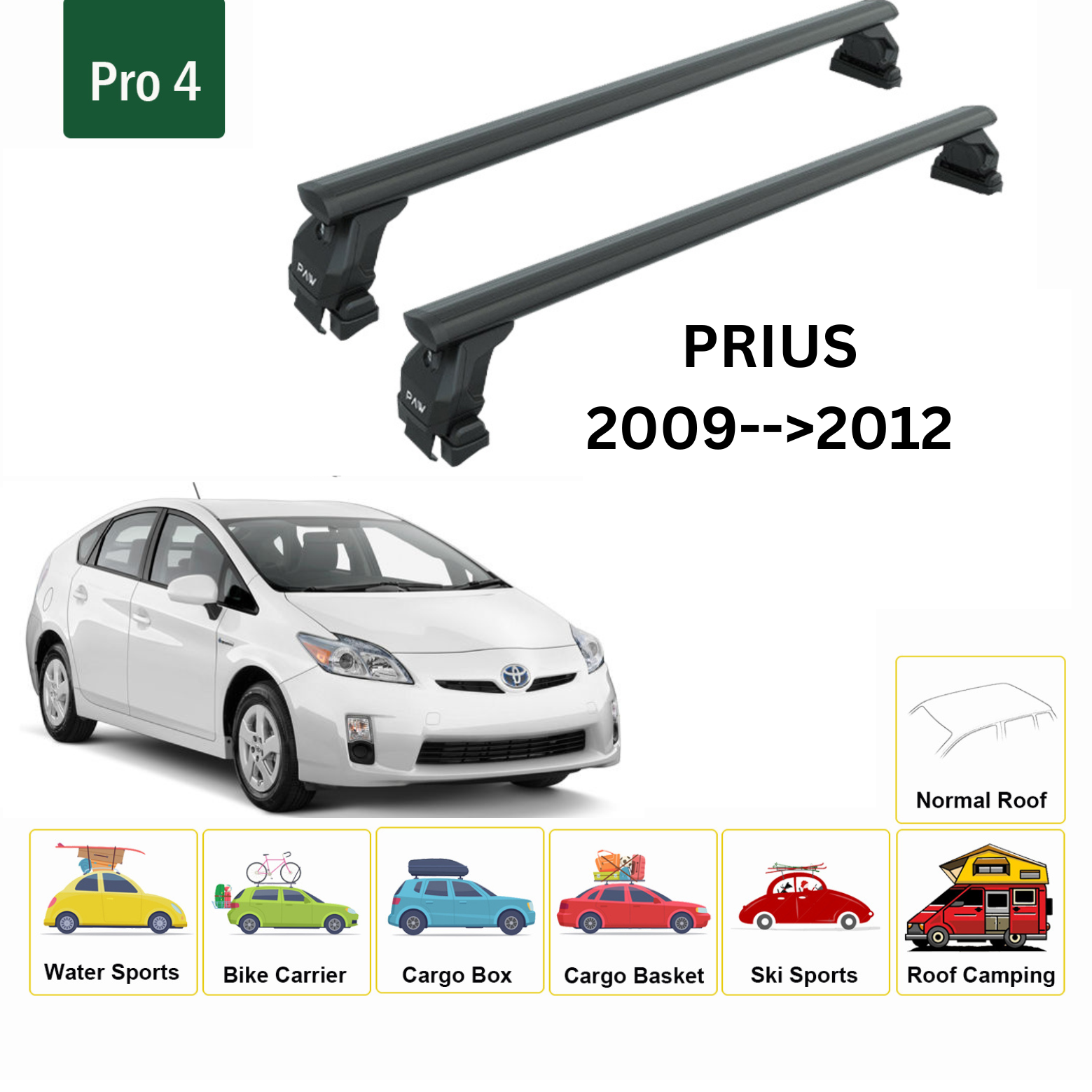 Für Toyota Prius 2009–12 Dachträger, Querträger, Metallhalterung, normales Dach, Alu, Schwarz