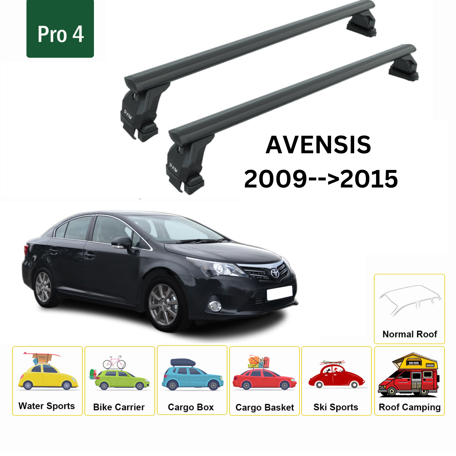 Für Toyota Avensis 2009–15 Dachträger, Querträger, Metallhalterung, normales Dach, Alu, Schwarz