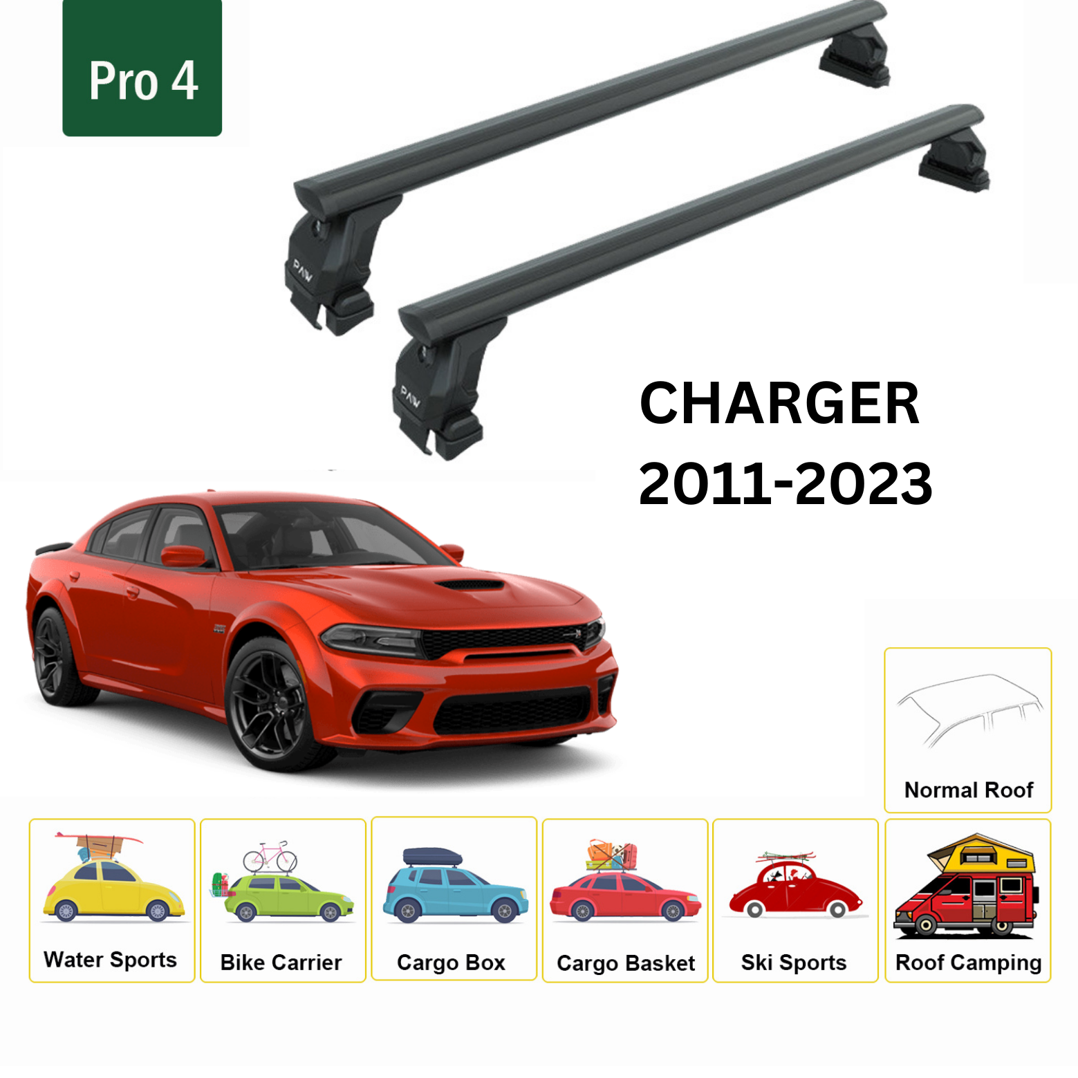 For Dodge Charger 2011-2023 Roof Rack Cross Bars Metal Bracket Normal Roof Alu Black - 0