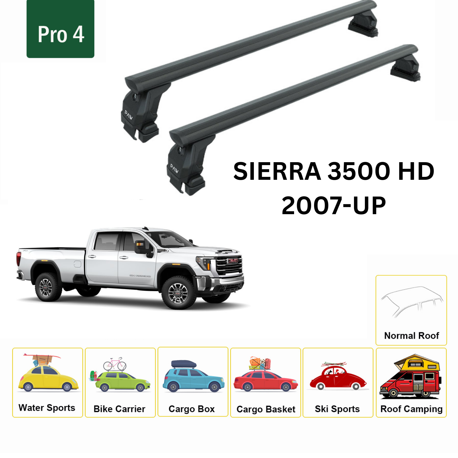 For GMC Sierra 3500 2007-Up Roof Rack Cross Bars Metal Bracket Normal Roof Alu Black - 0