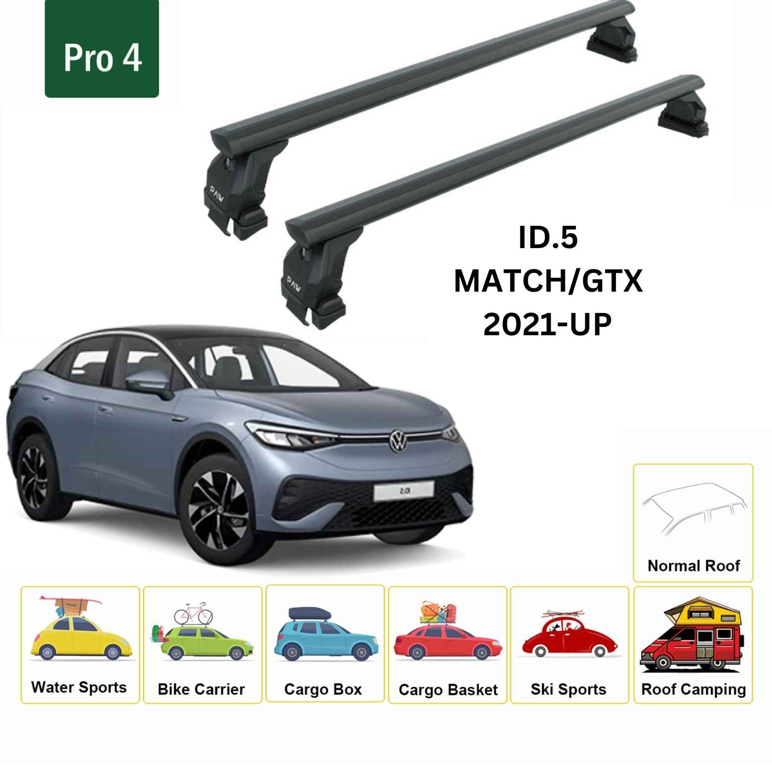 For Volkswagen ID.5 2021-Up Roof Rack Cross Bar Normal Roof Alu Black - 0