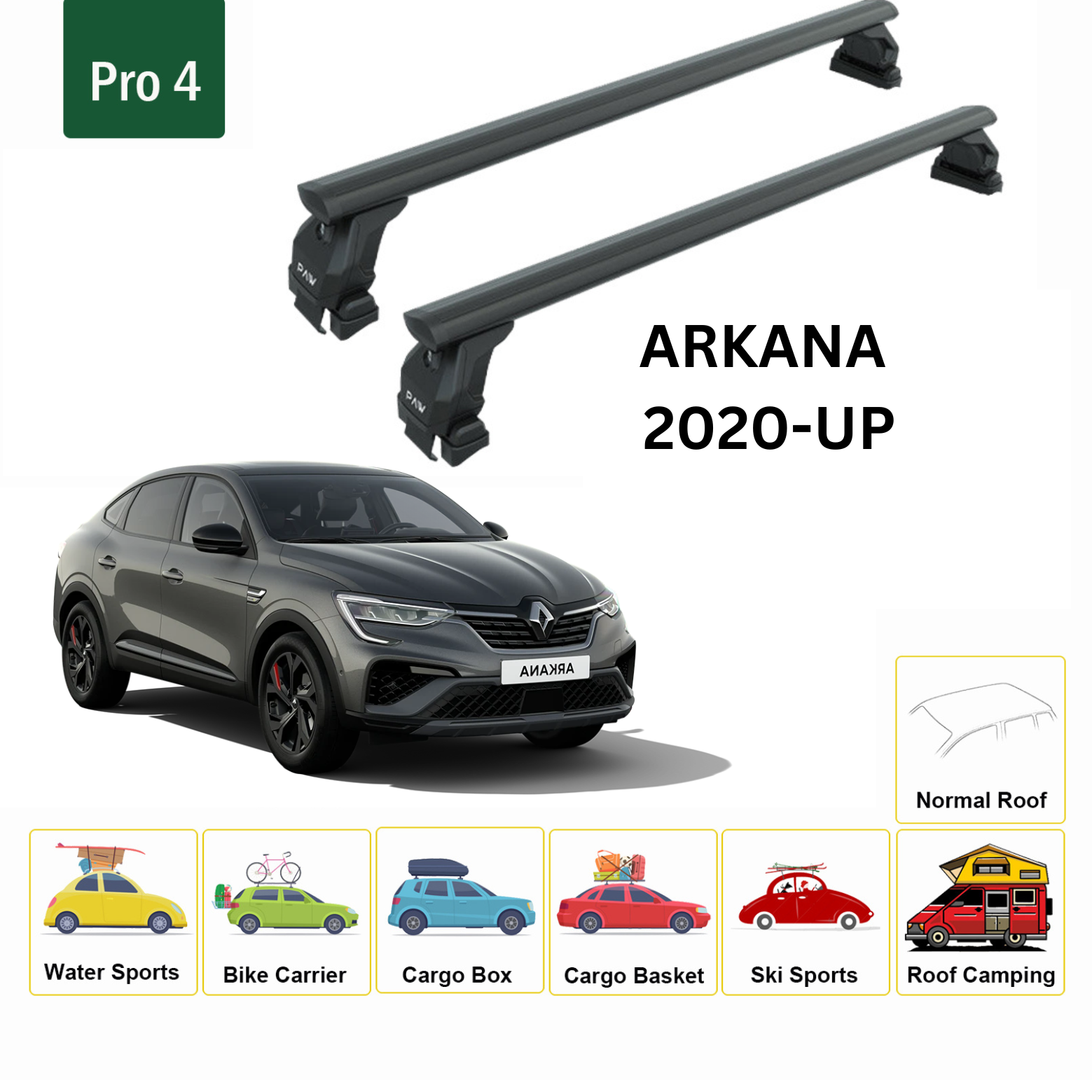 For Renault Arkana 2020-Up Roof Rack System, Aluminium Cross Bar, Metal Bracket, Normal Roof, Black