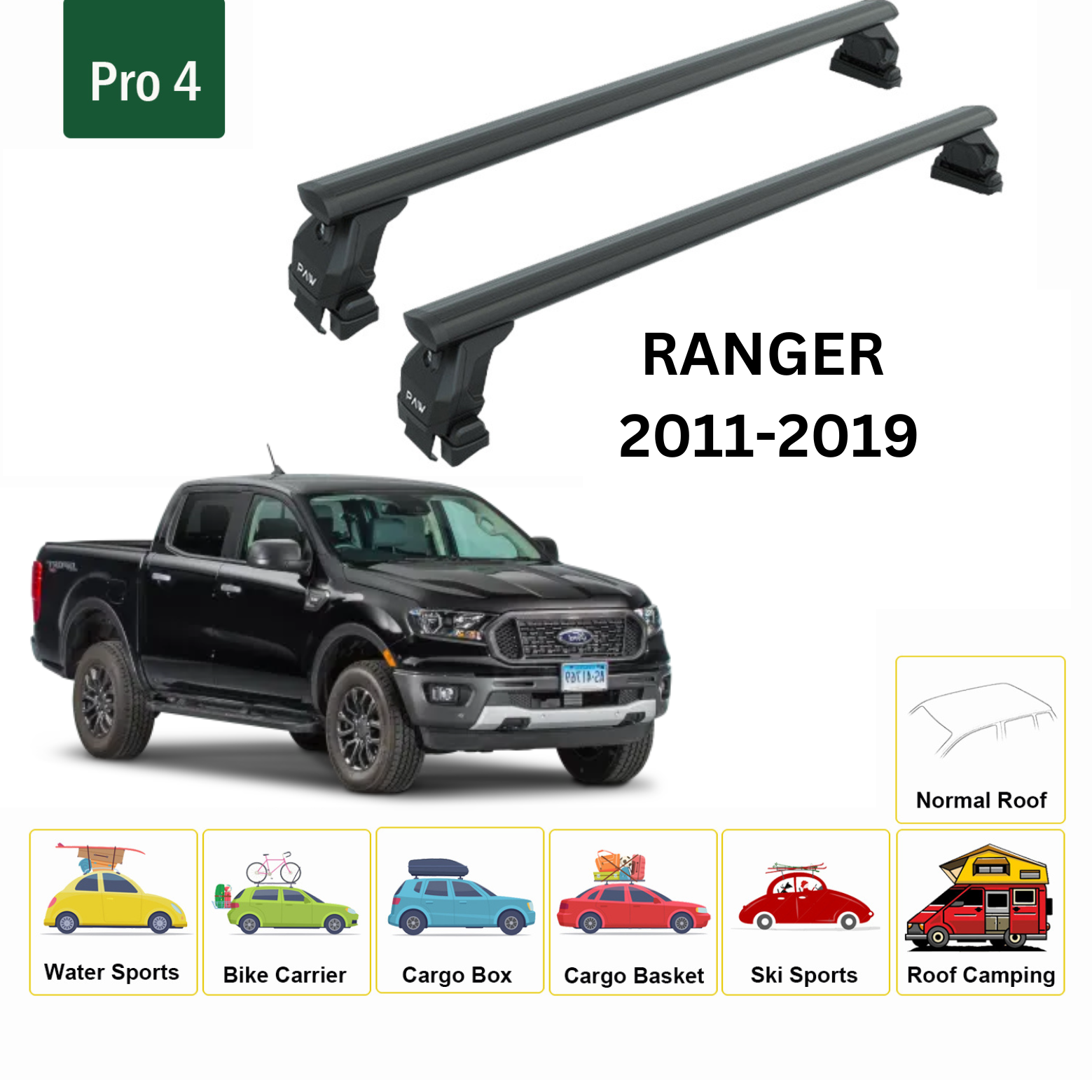 For Ford Ranger 2011-19 Roof Rack Cross Bars Metal Bracket Normal Roof Alu Black - 0