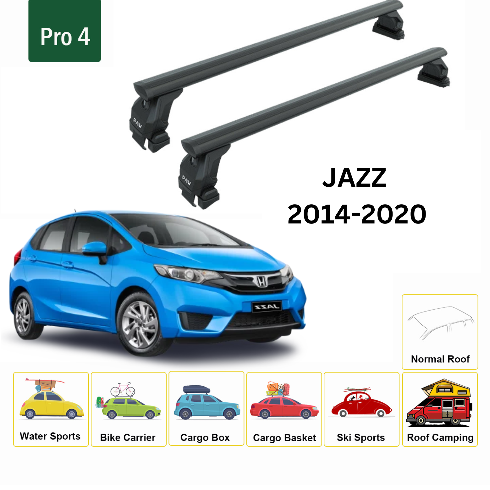 For Honda Jazz 2014-20 Roof Rack Cross Bars Metal Bracket Normal Roof Alu Black